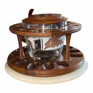 MCM Walnut 12 slot pipe stand with glass humidor. Made from Decatur Industries